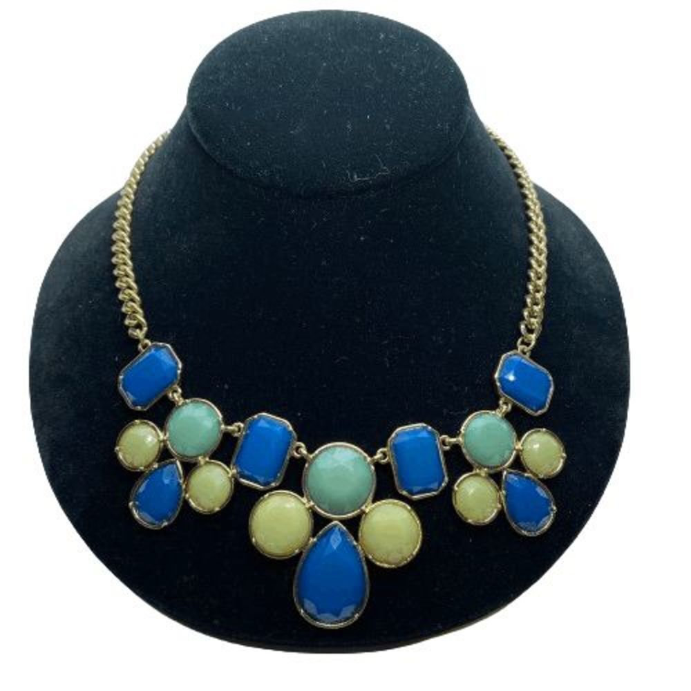 Fun Gold Tone Statement Necklace w/ Blue & Green Acrylic Rhinestones